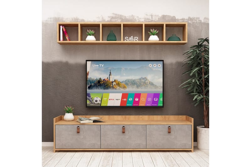 Mod Design Tv-bänk med Vägghylla - Grå/Trä - TV-möbelset