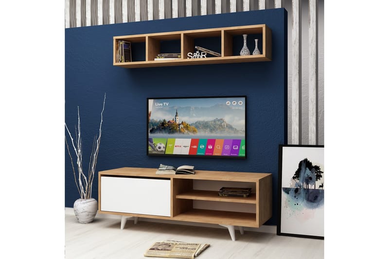 Mod Design Tv-bänk med Vägghylla - Trä/Vit - TV-möbelset