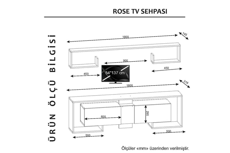 Rosebelle Tv-bänk med Vägghylla - Vit/Valnöt - TV-möbelset