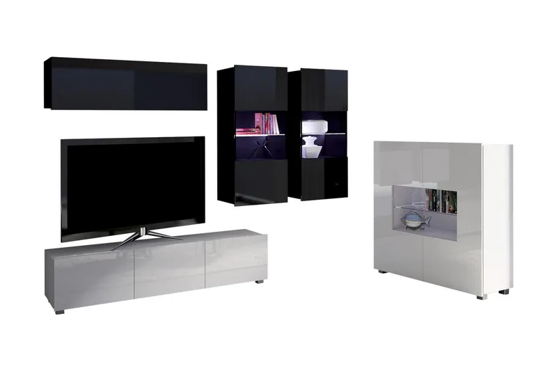 Tessan Tv-möbelset & vitrinskåp - Svart/Vit Högglans/Blå Led-Belysning - Möbler - Tv möbel & mediamöbel - TV-möbelset