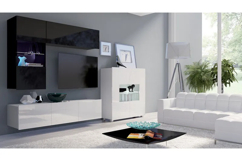 Tessan TV-möbelset, Svart/Vit Högglans/Blå Led-Belysning