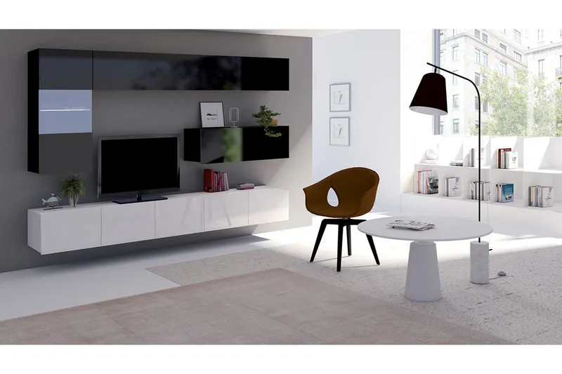 Tessan TV-möbelset, Svart/Vit Högglans/Blå Led-Belysning