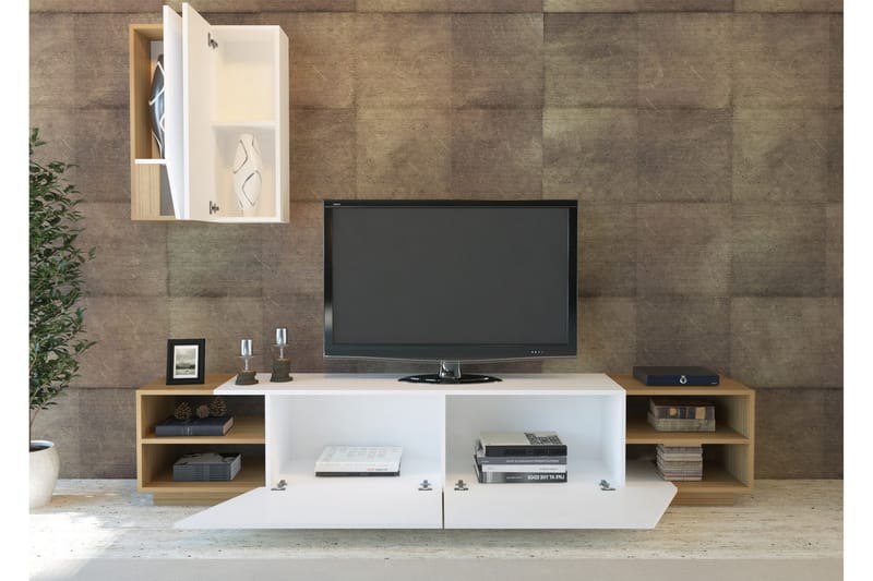 Zebrai Tv-Bänk med Dold Förvaring - Vit/Teak - Möbler - Tv möbel & mediamöbel - TV-möbelset