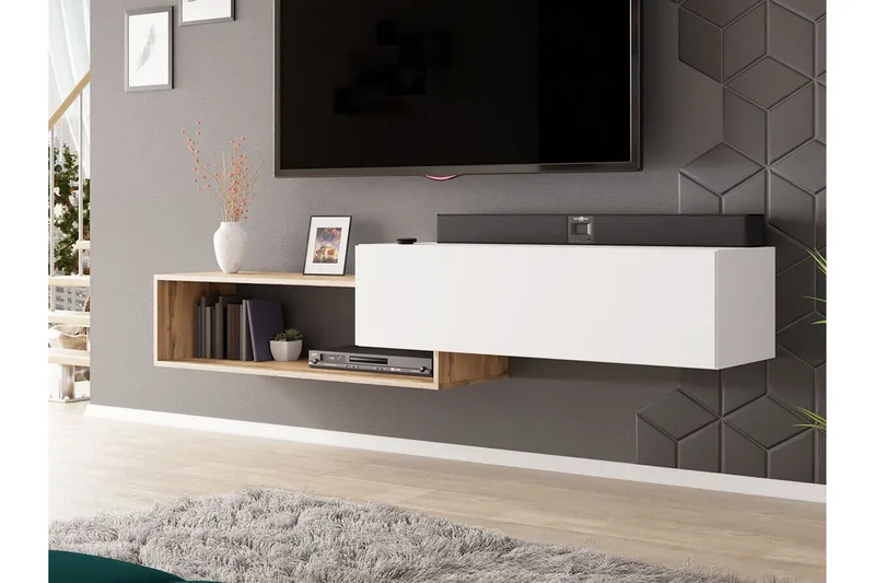 Carbost Väggmonterad TV Bänk 210 cm med Förvaring i Ek - Vit - Möbler - Tv möbel & mediamöbel - TV bänk & mediabänk