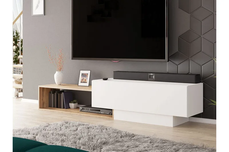 Carbost Väggmonterad TV Bänk 210 cm med Förvaring i Ek - Vit - Möbler - Tv möbel & mediamöbel - TV bänk & mediabänk