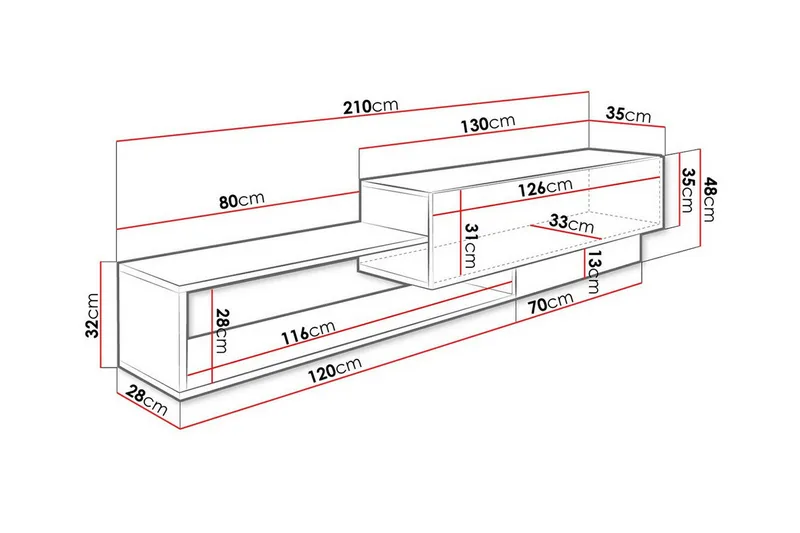 Carbost Väggmonterad TV Bänk 210 cm med Förvaring i Ek - Vit - Möbler - Tv möbel & mediamöbel - TV bänk & mediabänk