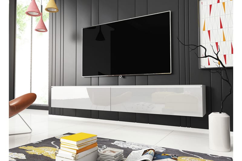 Cuguen Vägghängd Tv bänk med Förvaring 180x32x30 cm - Vit / Högglans - Möbler - Tv möbel & mediamöbel - TV skåp