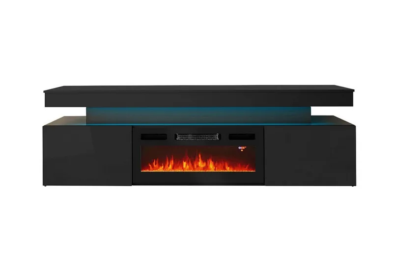 Glenndale Tv bänk med Förvaring + LED kamin + Belysning 190 - Svart - Möbler - Tv möbel & mediamöbel - TV skåp