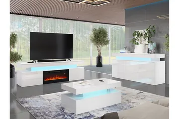 Glenndale Tv bänk med Förvaring + LED kamin + Belysning 190 cm - Vit - Möbler - Tv möbel & mediamöbel - TV bänk & mediabänk