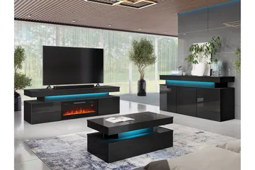 Glenndale Tv bänk med Förvaring + LED kamin + Belysning 190 - Svart - Möbler - Tv möbel & mediamöbel - TV bänk & mediabänk