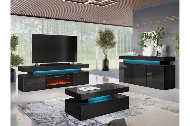 Glenndale Tv bänk med Förvaring + LED kamin + Belysning 190 - Svart - Möbler - Tv möbel & mediamöbel - TV bänk & mediabänk