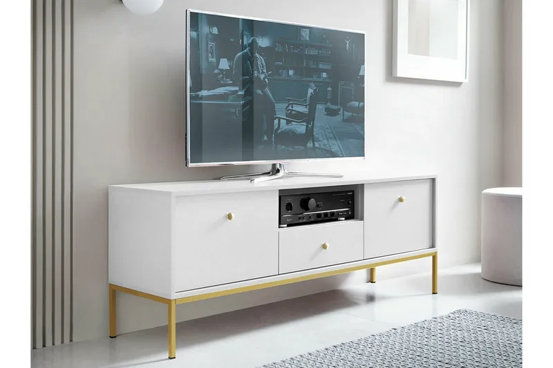 Klinkerville Golvstående Tv Bänk 154 cm med Förvaring i Målat Trä - Vit - Möbler - Tv möbel & mediamöbel - TV bänk & mediabänk
