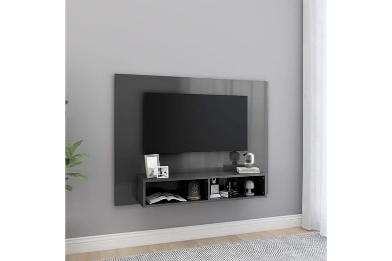 Väggmonterat tv-skåp grå högglans 120x23,5x90 cm spånskiva - Grå - TV skåp