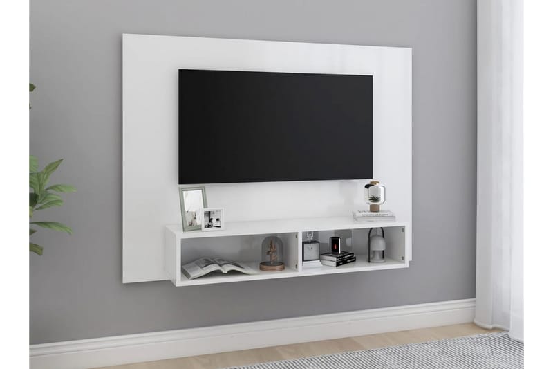 Väggmonterat tv-skåp vit högglans 120x23,5x90 cm spånskiva - Vit - TV skåp