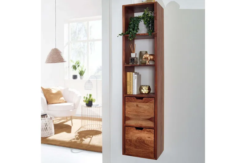 Vägghylla Wohnling Vägghylla i massivt trä, väggmonterad, 2 lådor, 150 cm, lantlig stil - Förvaring - Hylla - Vägghylla