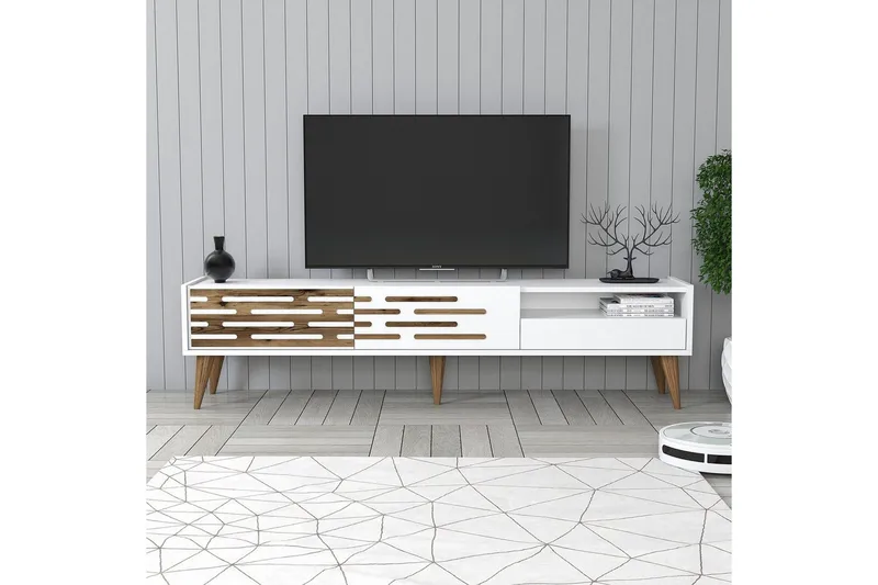 Valensiya Golvstående Tv Bänk 180 cm med Förvaring i Målat Trä - Vit - Möbler - Tv möbel & mediamöbel - TV bänk & mediabänk