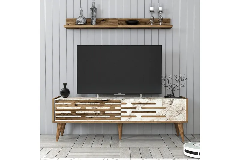 Valensiya Tv-möbelset 140x45 cm - Valnöt/Vit/Marmor - Möbler - Tv möbel & mediamöbel - TV-möbelset