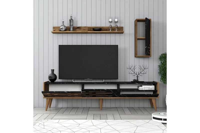Valensiya Tv-skåp 180 cm - Valnöt/Svart/Marmor - Möbler - Tv möbel & mediamöbel - TV skåp