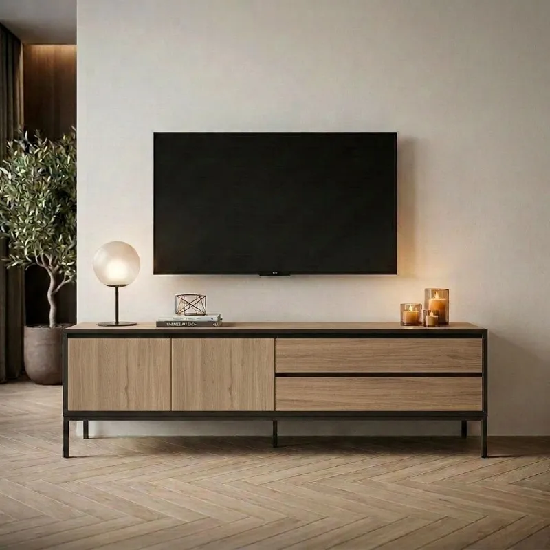 Velar TV-bänk 180x55x40 cm - naturfärgad ek, trä svart, svart - Möbler - Tv möbel & mediamöbel - TV bänk & mediabänk