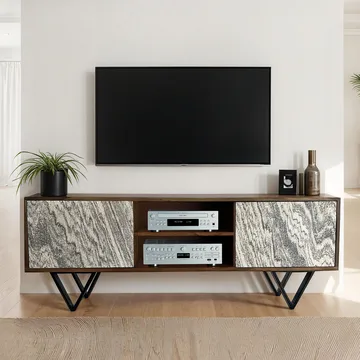 Venlor TV-bänk 150x56x35 cm i massivt sheeshamträ med vit stenlook - Vit - Möbler - Tv möbel & mediamöbel - TV bänk & mediabänk