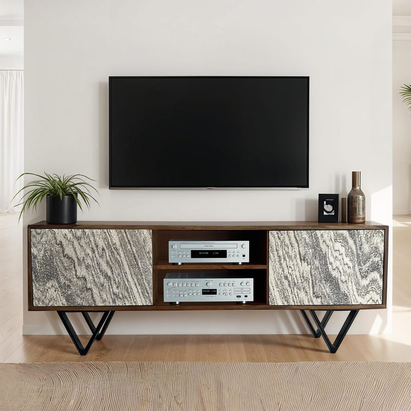 Venlor TV-bänk 150x56x35 cm i massivt sheeshamträ med vit stenlook - Vit - Möbler - Tv möbel & mediamöbel - TV bänk & mediabänk