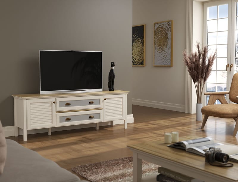 Vopira TV-bänk 180 cm - Crème, ek, grå - Möbler - Tv möbel & mediamöbel - Mediastativ & väggfäste