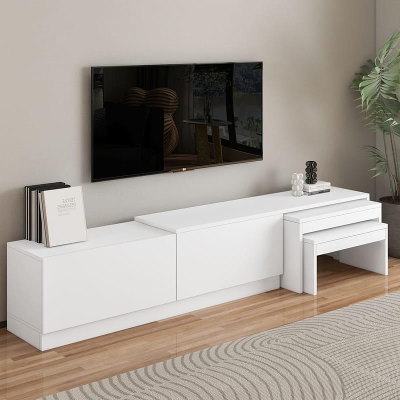 Zalven TV Bänk 180 cm med Förvaring och Utdragbar i Målat Trä - Vit - Möbler - Tv möbel & mediamöbel - TV bänk & mediabänk