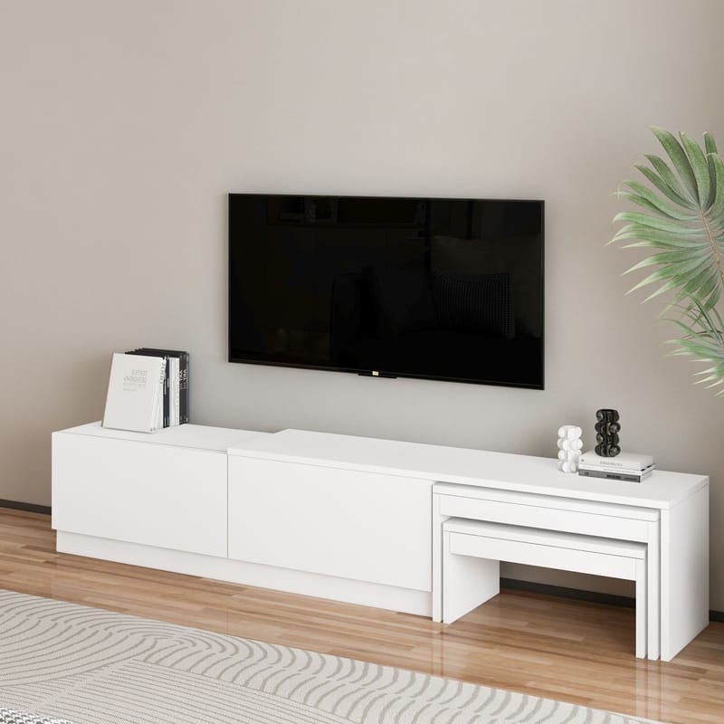 Zalven TV Bänk 180 cm med Förvaring och Utdragbar i Målat Trä - Vit - Möbler - Tv möbel & mediamöbel - TV bänk & mediabänk