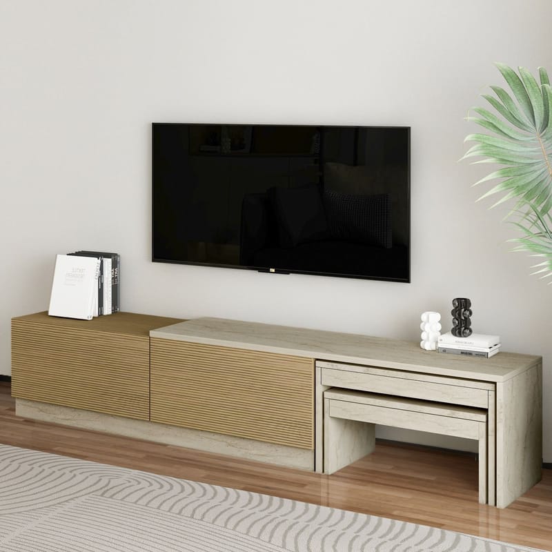 Zalven TV-bänk 180x36x30 cm - travertin och varm ek - Möbler - Tv möbel & mediamöbel - TV bänk & mediabänk
