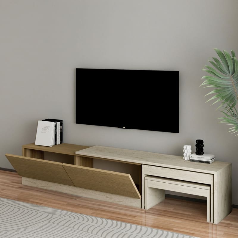 Zalven TV-bänk 180x36x30 cm - travertin och varm ek - Möbler - Tv möbel & mediamöbel - TV bänk & mediabänk