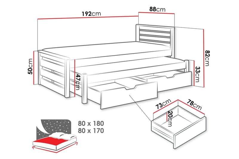 Alderamin Utdragbar Sängram med Förvaring 80x180 cm i Trä - Vit - Möbler - Säng - Sängram & sängstomme