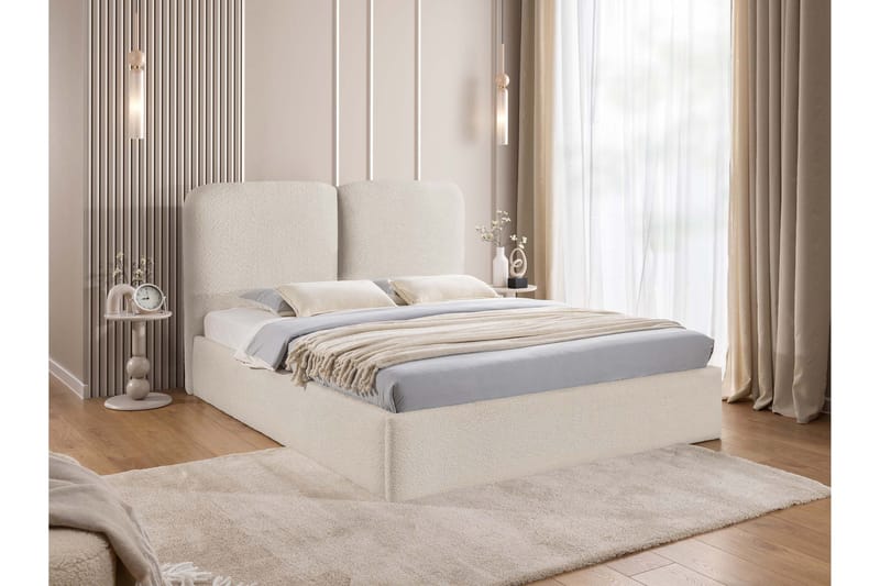 Arondel Komplett Sängpaket i Bouclé med Förvaring och Sänggavel + Bäddmadrass - Beige - Möbler - Säng - Sängar med förvaring