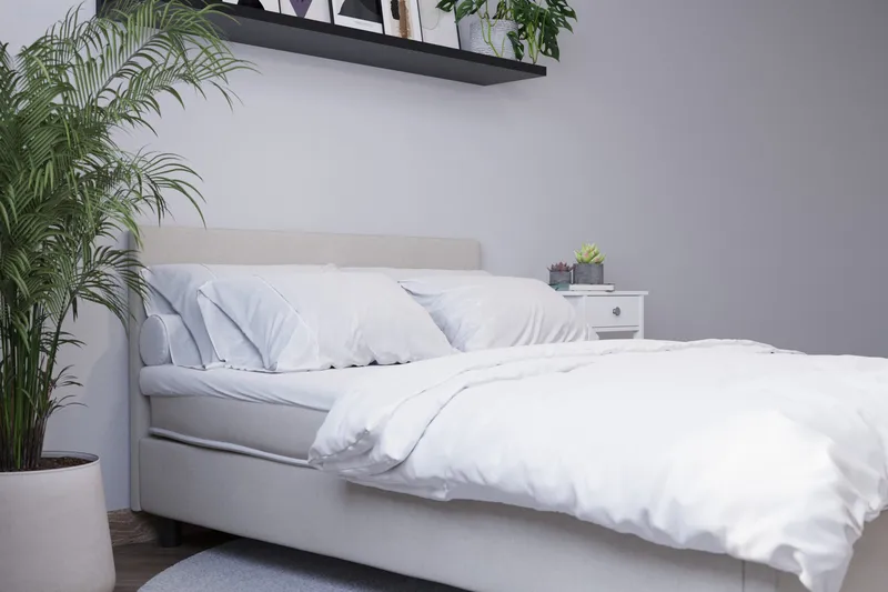 Billingen Komplett Sängpaket – Kontinentalsäng 120x200 cm i Tyg med Sänggavel + Bäddmadrass med Fasthetsgrad Medium - Beige - Möbler - Säng - Komplett sängpaket