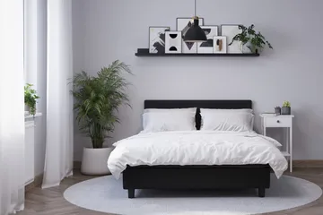 Billingen Komplett Sängpaket – Kontinentalsäng 120x200 cm i Tyg med Sänggavel + Bäddmadrass med Fasthetsgrad Medium - Svart - Möbler - Säng - Kontinentalsäng