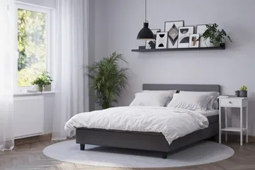 Billingen Komplett Sängpaket – Kontinentalsäng 140x200 cm i Tyg med Sänggavel + Bäddmadrass med Fasthetsgrad Medium - Grå - Möbler - Säng - Kontinentalsäng
