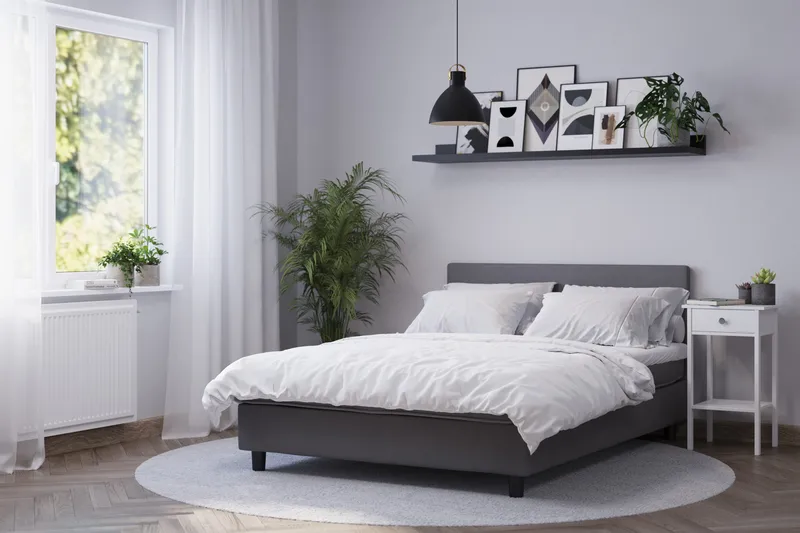 Billingen Komplett Sängpaket – Kontinentalsäng 140x200 cm i Tyg med Sänggavel + Bäddmadrass med Fasthetsgrad Medium - Grå - Möbler - Säng - Kontinentalsäng
