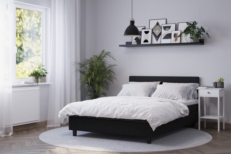 Billingen Komplett Sängpaket – Kontinentalsäng 180x200 cm i Tyg med Sänggavel + Bäddmadrass med Fasthetsgrad Medium - Svart - Möbler - Säng - Enkelsäng