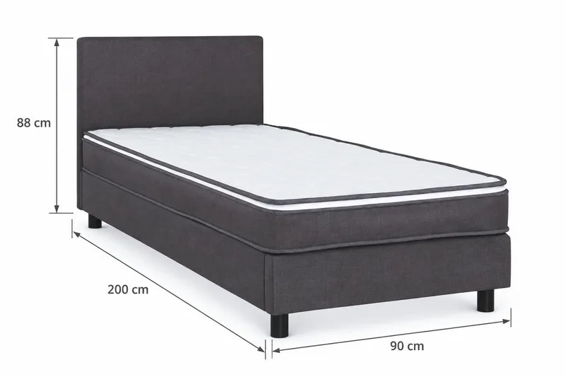 Billingen Komplett Sängpaket – Kontinentalsäng 90x200 cm i Tyg med Sänggavel + Bäddmadrass med Fasthetsgrad Medium - Grå - Möbler - Säng - Enkelsäng