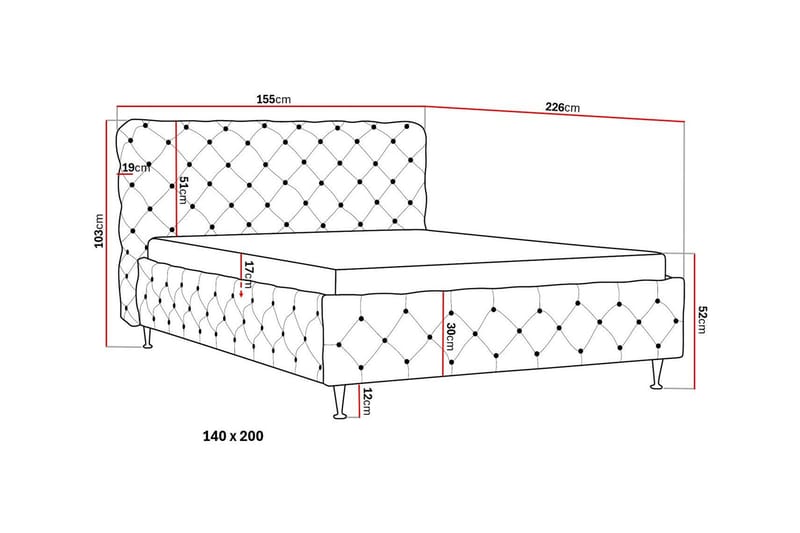 Chesterfield Komplett Sängpaket Sängram med Madrass 140x200 cm - Grå - Möbler - Säng - Komplett sängpaket