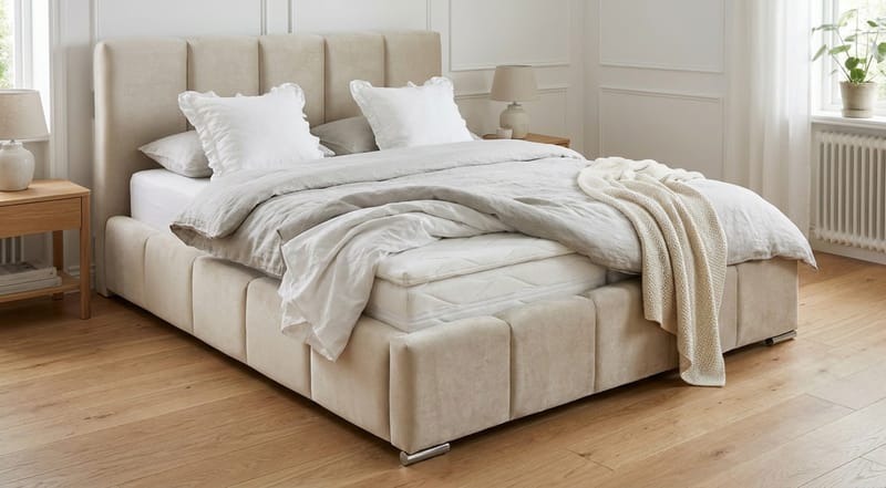 Cleaton Sängram 180x200 cm med Förvaring HVILA Resårmadrass och Bäddmadrass i Memoryskum med Tvättbar klädsel - Beige - Möbler - Säng - Komplett sängpaket