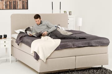 Dolly Komplett Sängpaket – Kontinentalsäng 160x200 cm i Tyg med Sänggavel + Bäddmadrass med Fasthetsgrad Medium - Beige - Möbler - Säng - Kontinentalsäng
