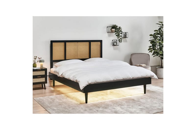 Dubbelsäng Auray med LED-belysning Svart-Ljust Trä, 160x200 cm - Svart-Ljust Trä, 160x200 cm - Möbler - Säng - Sängram & sängstomme