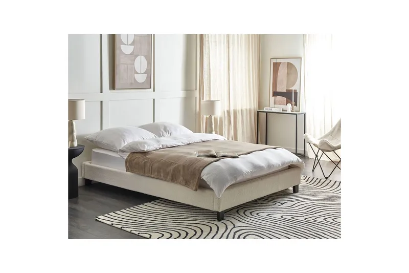 Dubbelsäng Roanne med lamellram Beige-Mörkt Trä, 140x200 cm, Bouclé - Beige-Mörkt Trä, 140x200 cm, Bouclé - Möbler - Säng - Dubbelsäng