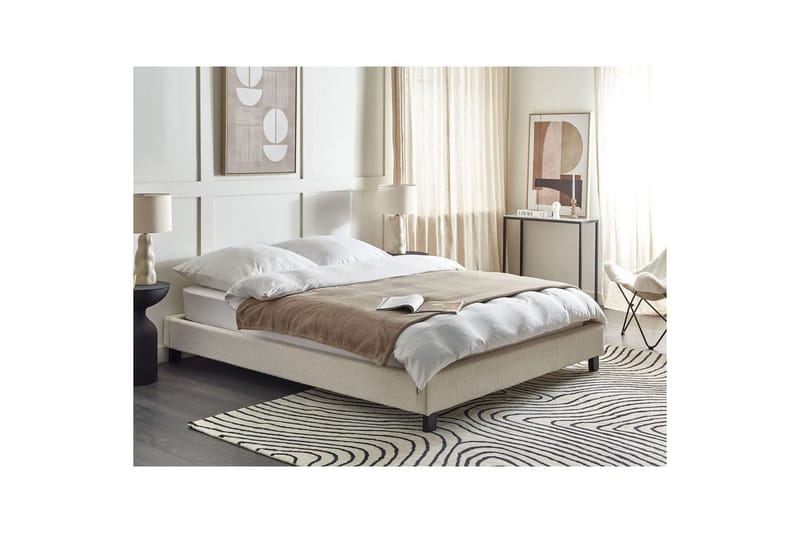 Dubbelsäng Roanne med lamellram Beige-Mörkt Trä, 160x200 cm, Bouclé - Beige-Mörkt Trä, 160x200 cm, Bouclé - Möbler - Säng - Ramsäng