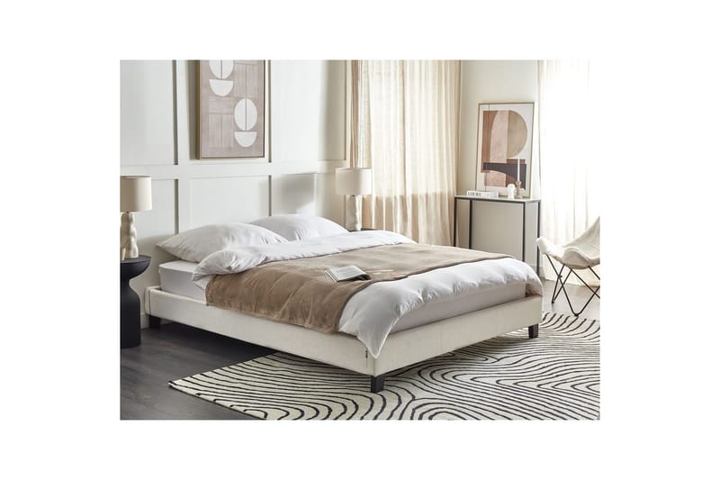Dubbelsäng Roanne med lamellram Beige-Mörkt Trä, 160x200 cm, Polyester - Beige-Mörkt Trä, 160x200 cm, Polyester - Möbler - Säng - Ramsäng