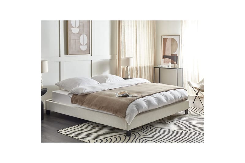 Dubbelsäng Roanne med lamellram Beige-Mörkt Trä, 180x200 cm, Polyester - Beige-Mörkt Trä, 180x200 cm, Polyester - Möbler - Säng - Ramsäng