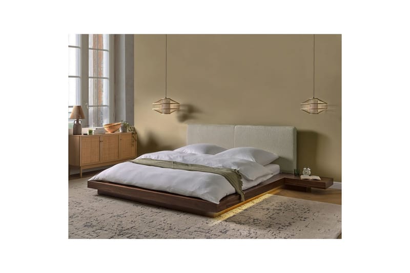 Dubbelsäng Zen med LED-belysning Brun-Vit, 160x200 cm, Bouclé - Brun-Vit, 160x200 cm, Bouclé - Möbler - Säng - Sängram & sängstomme