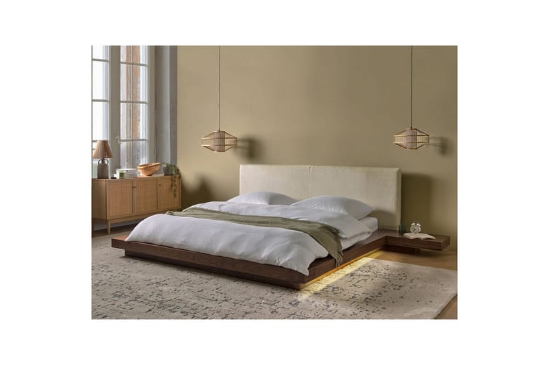 Dubbelsäng Zen med LED-belysning Brun-Vit, 180x200 cm, Bouclé - Brun-Vit, 180x200 cm, Bouclé - Möbler - Säng - Sängram & sängstomme