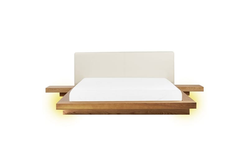 Dubbelsäng Zen med LED-belysning Ljus Trä-Vit, 160x200 cm, Konstläder - Ljus Trä-Vit, 160x200 cm, Konstläder - Möbler - Säng - Sängram & sängstomme