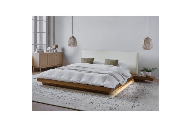 Dubbelsäng Zen med LED-belysning Ljus Trä-Vit, 160x200 cm, Konstläder - Ljus Trä-Vit, 160x200 cm, Konstläder - Möbler - Säng - Sängram & sängstomme